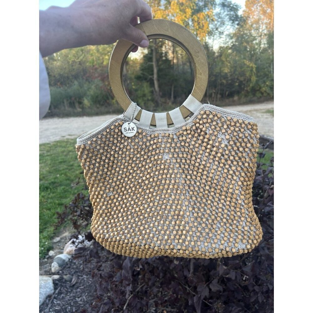 Vintage 90s The Sak beige cream crochet beaded top wood handle bag retro beachy